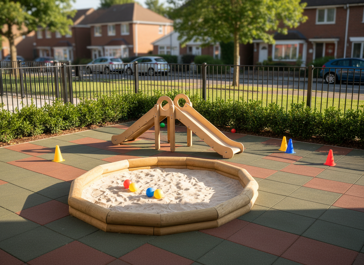 A compact, meticulously arranged nursery outdoor play yard with a modern, low-profile wooden climbing structure, a small slide, and a sandbox bordered by smooth, rounded wooden beams. The rubber safety flooring in muted earth tones is clean and free of footprints, and several brightly colored plastic balls and stackable cones are carefully positioned around the area. Lush hedges and a secure metal fence with vertical bars surround the yard, with a glimpse of a quiet residential street softly blurred beyond. Captured during warm afternoon light, soft shadows stretch across the ground, enhancing textures. The image, in photographic realism from a slightly elevated perspective, conveys an atmosphere of safety, energy, and thoughtful design, ideal for showcasing the nursery’s outdoor facilities.