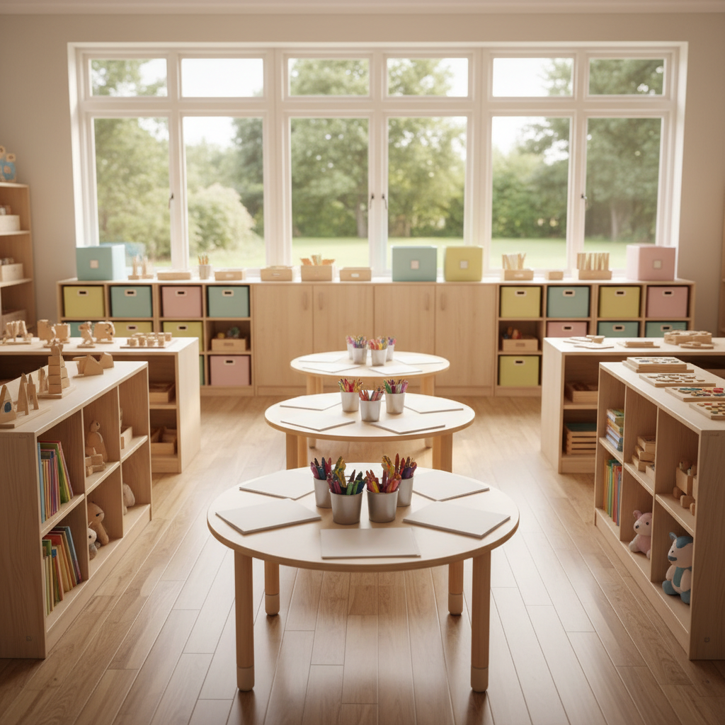 A sunlit nursery classroom with low birch-wood shelves neatly filled with picture books, wooden puzzles, and soft fabric toys, all perfectly organized and untouched. In the center, several small, round tables made of pale wood are set with blank drawing paper and neatly aligned crayons in metal cups. Large windows along one wall reveal blurred greenery outside, allowing diffused daylight to bathe the room in a gentle glow. The polished wooden floor reflects a soft sheen, while pastel-colored storage boxes line the back wall. Captured from a slightly elevated angle in photographic realism, with sharp focus throughout, the scene feels calm, safe, and educational, reflecting the structured, professional care environment of a quality preschool.